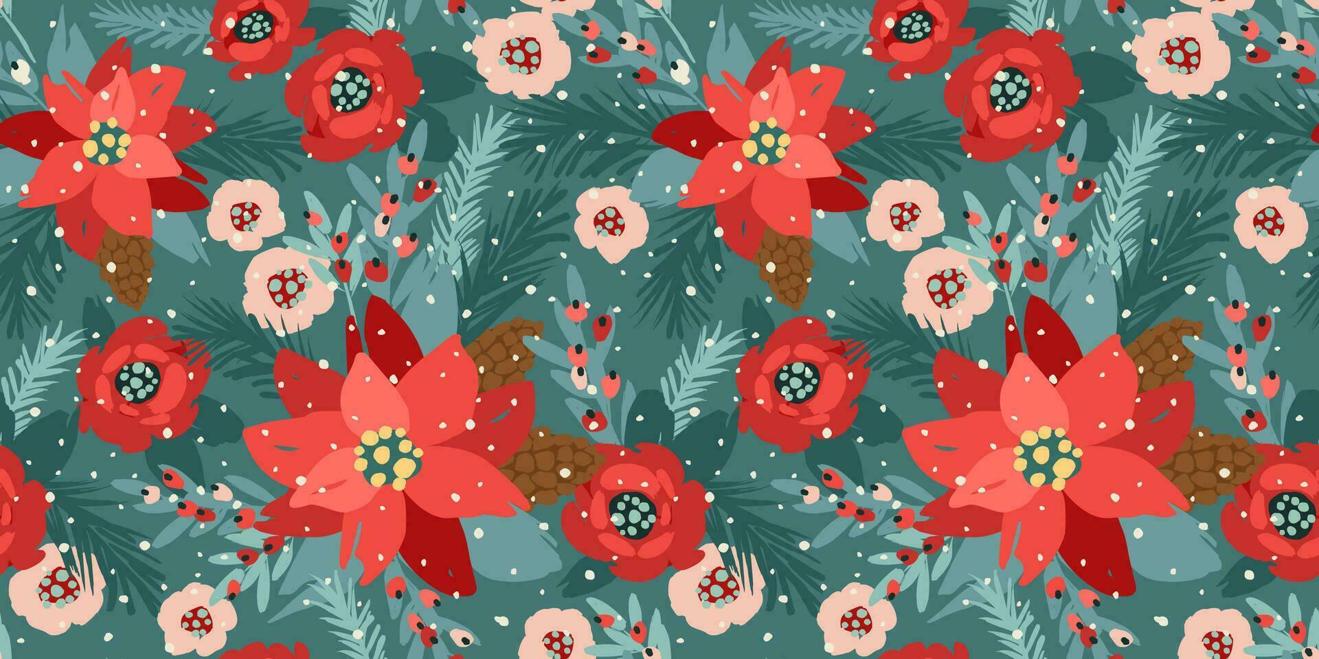 Christmas and Happy New Year seamless pattern. Christmas tree, flowers, berries. New Year symbols. Vector design template.