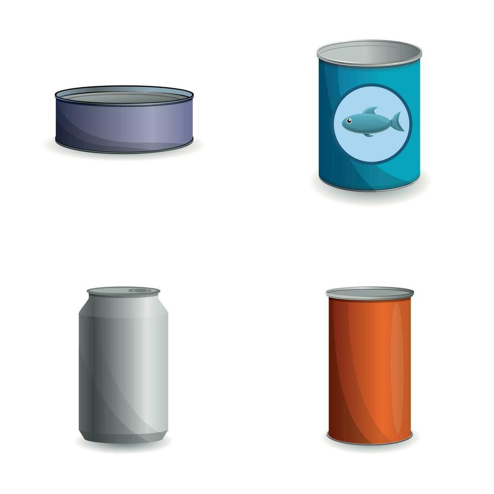 Canned food icons set cartoon vector. Metal can of preserved food vector