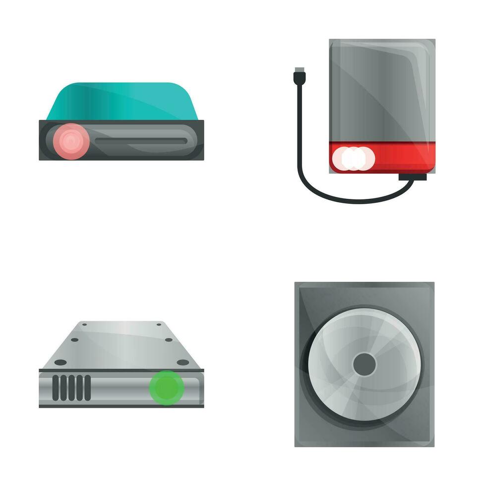 Modern device icons set cartoon vector. Power bank and disc player vector