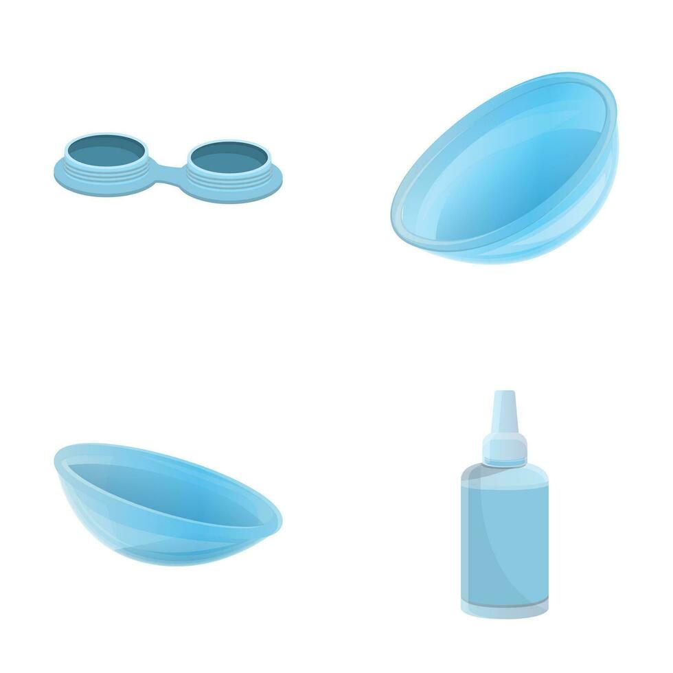 Eye lenses icons set cartoon vector. Contact lenses with packaging and liquid vector