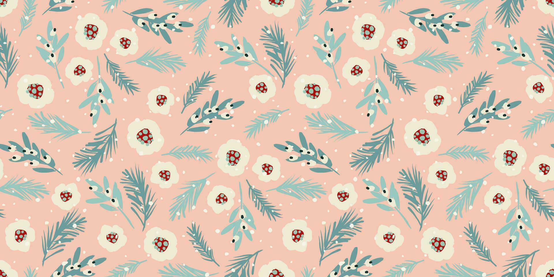 Christmas and Happy New Year seamless pattern. Christmas tree, flowers, berries. New Year symbols. Vector design template.