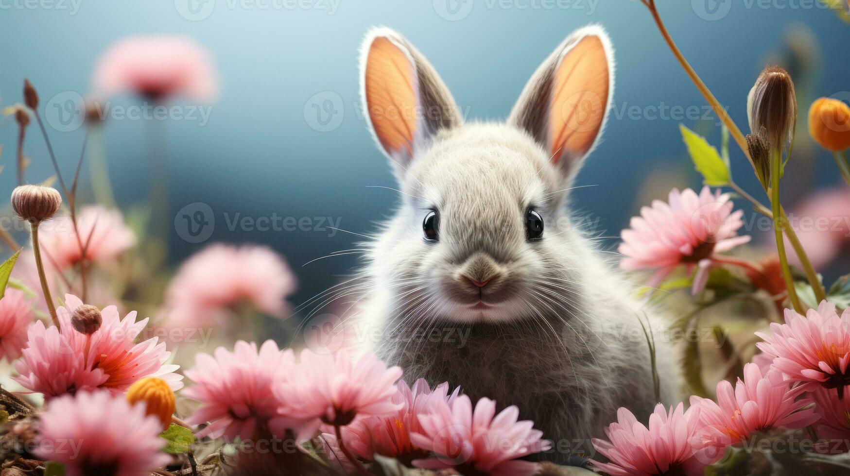 Cute little bunny with pink flowers, easter background. Digital illustration of your design. AI Generated. photo