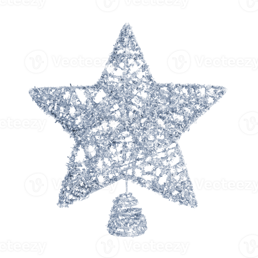 Silver star isolated on a transparent png background. Christmas tree topper. Stock photo