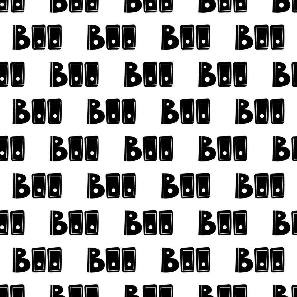 Seamless pattern with boo text for kids fabric, posters, paper. Happy halloween wrapping. Vector continuous illustration