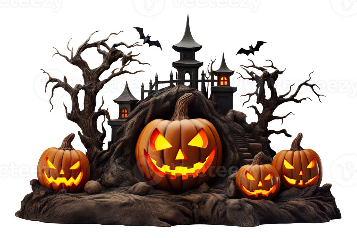 Halloween pumpkins, Jack O'Lantern on transparent background. Happy Halloween decoration. Spooky faces. Cut out elements. Trick or treat. AI generated png