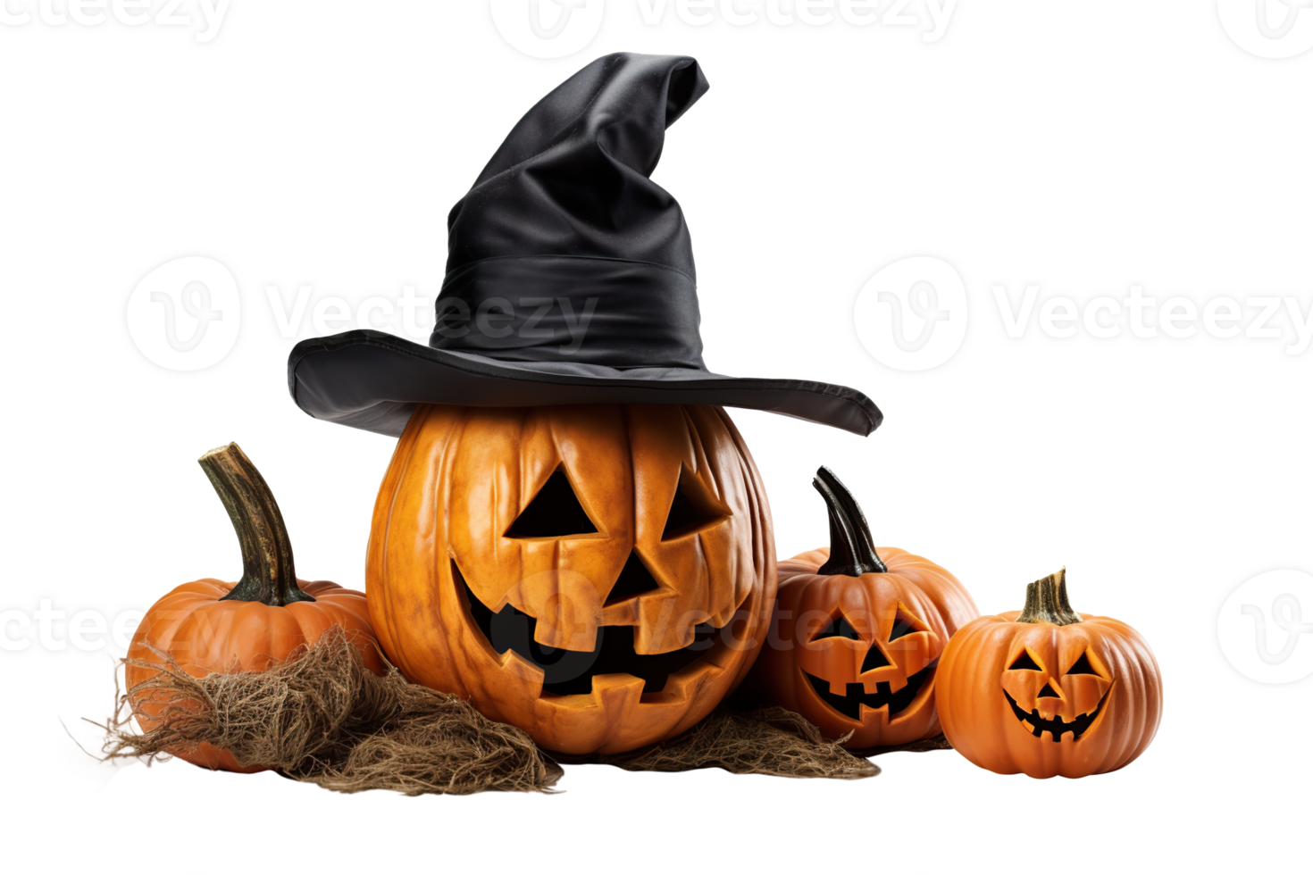 Halloween pumpkins, Jack O'Lantern on transparent background. Happy Halloween decoration. Spooky faces. Cut out elements. Trick or treat. AI generated png