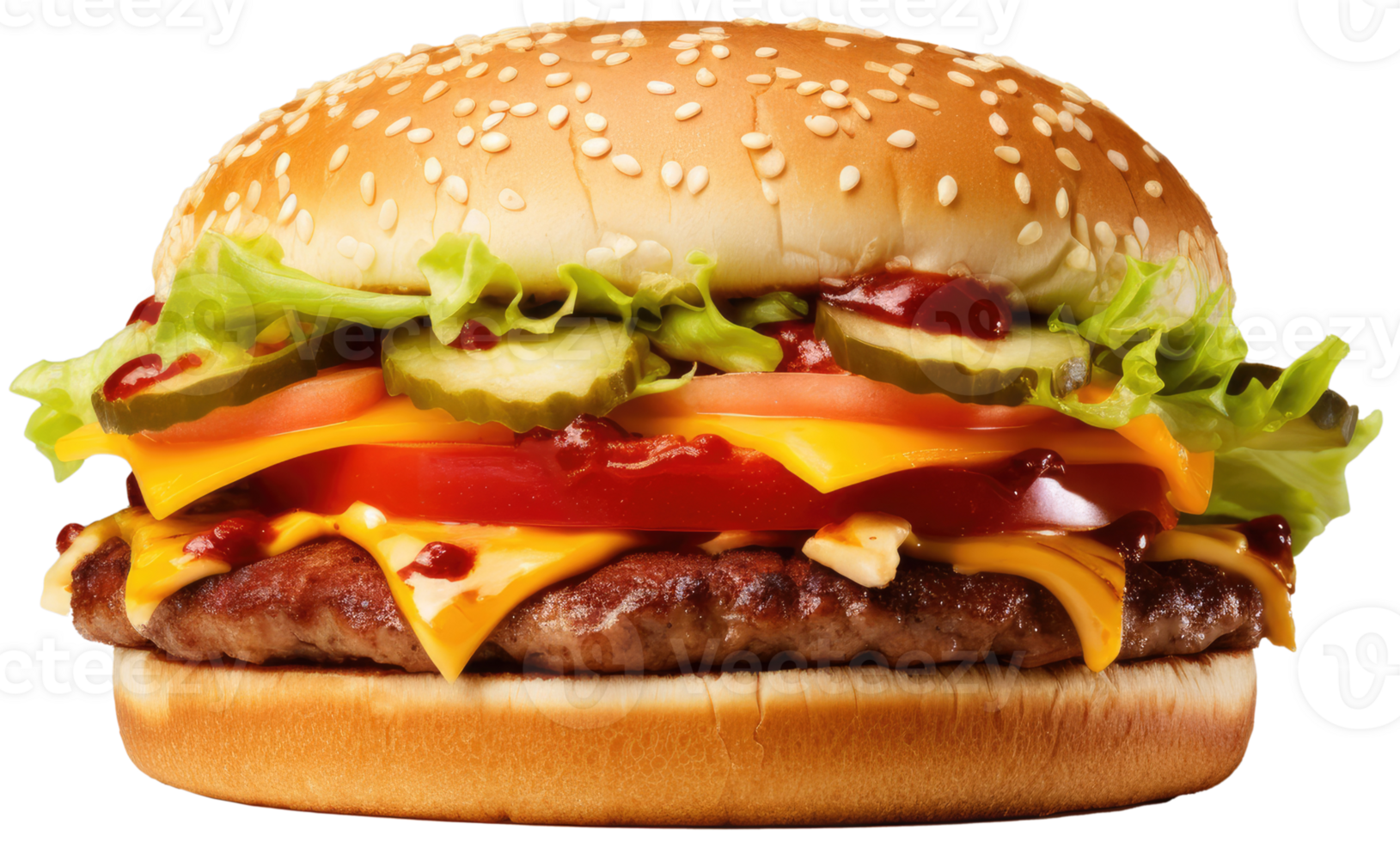 Burger Essen png transparent Format. frisch lecker Hähnchen Fleisch Cheeseburger. ai generiert