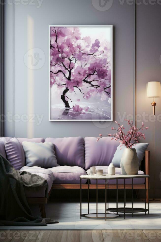 interior de moderno vivo habitación con púrpura sofá y flor en florero. ai generado. foto