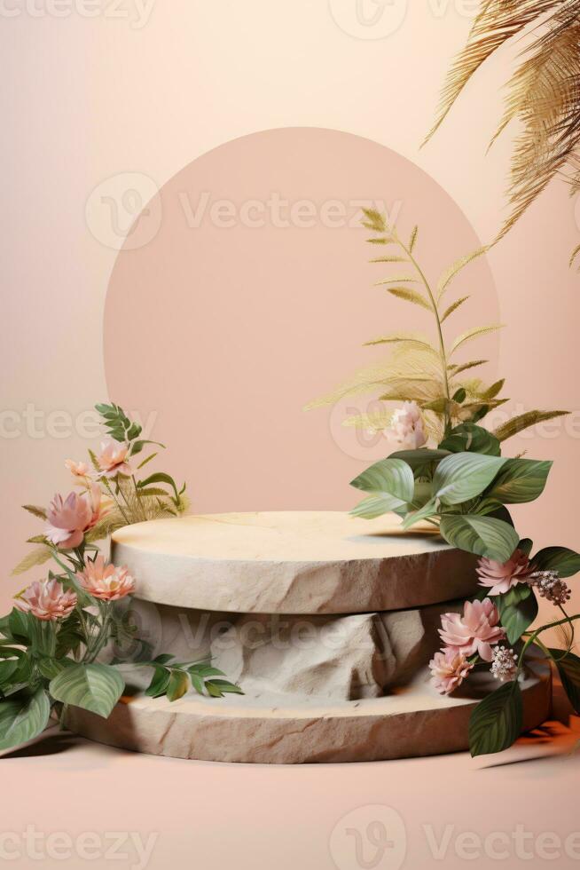 3D rendering of a round podium with colorful flowers. The podium is made of wood and has a smooth surface. The flowers are arranged in a spiral pattern, creating a beautiful display. AI Generative photo