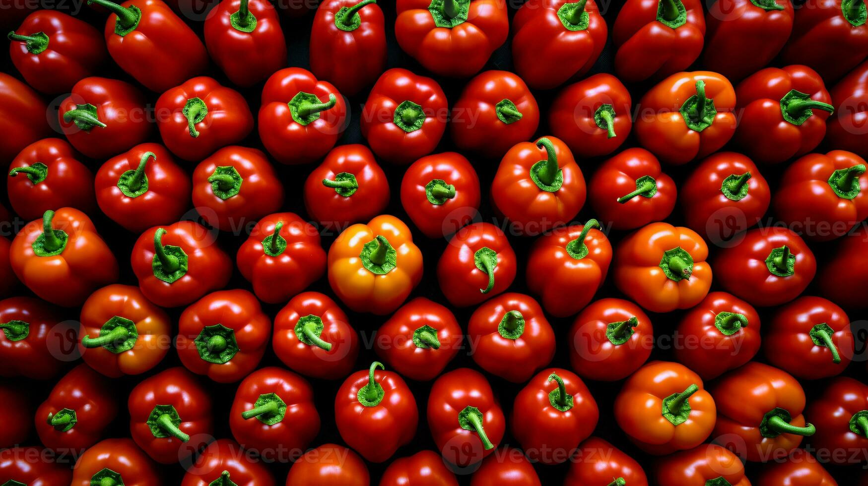 A pile of red and yellow bell peppers on a wooden cutting board. The peppers are arranged in a way that makes the image visually appealing. AI Generative photo