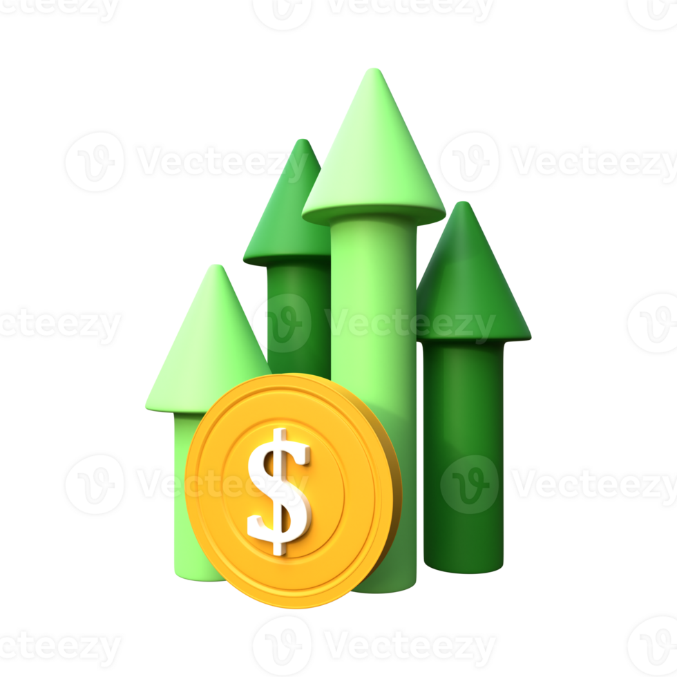 3D design in statistic, arrow, up, soaring, currency, datum, increase, improvement, analyzing, economy, and financial. png