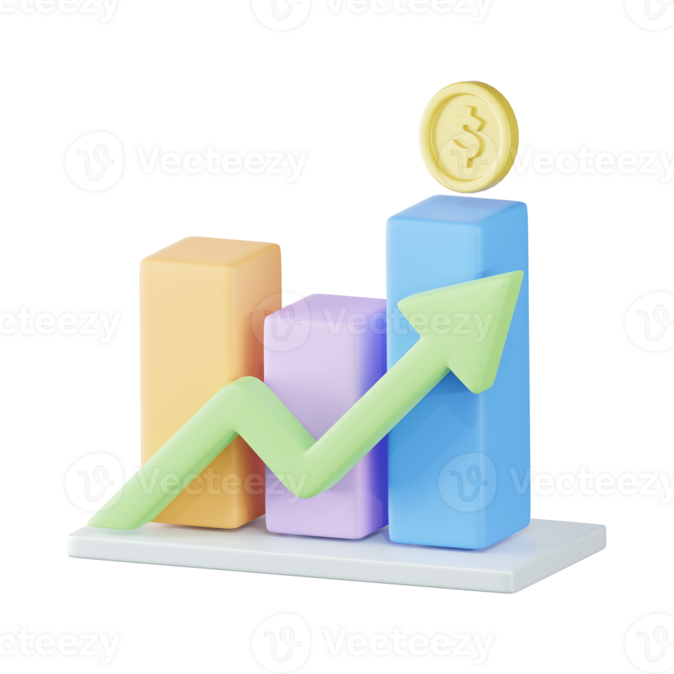 3D design in statistic, arrow, up, soaring, currency, datum, increase, improvement, analyzing, economy, and financial. png