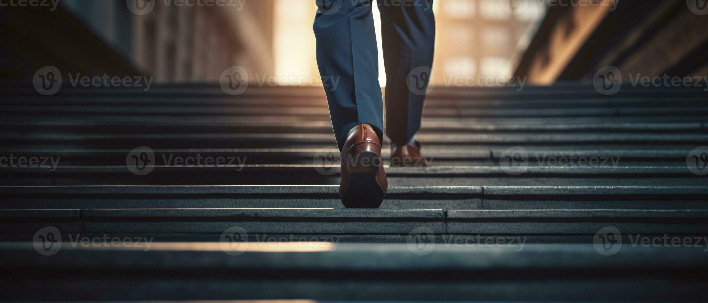 Close-up of a businessman's shoes sprinting up the stairs. AI Generative photo