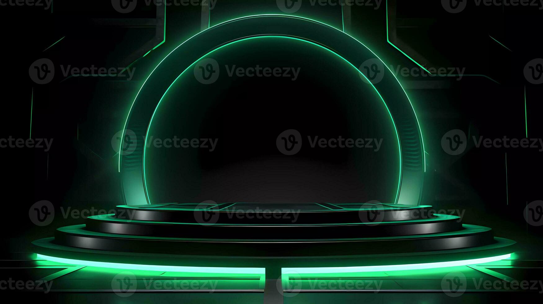 Ai generated Podium with Futuristic Green Neon Lighting Science Stage Background. 3d rendered science technology showcases. photo