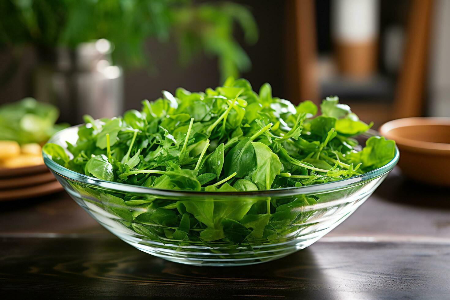 Fresh arugula in a glass salad bowl on the table. Healthy food concept photo