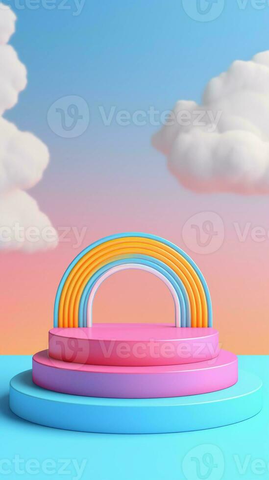 Ai generated rendering podium kid style, colorful background, clouds and weather with empty space for kids or baby product. bright colors. photo