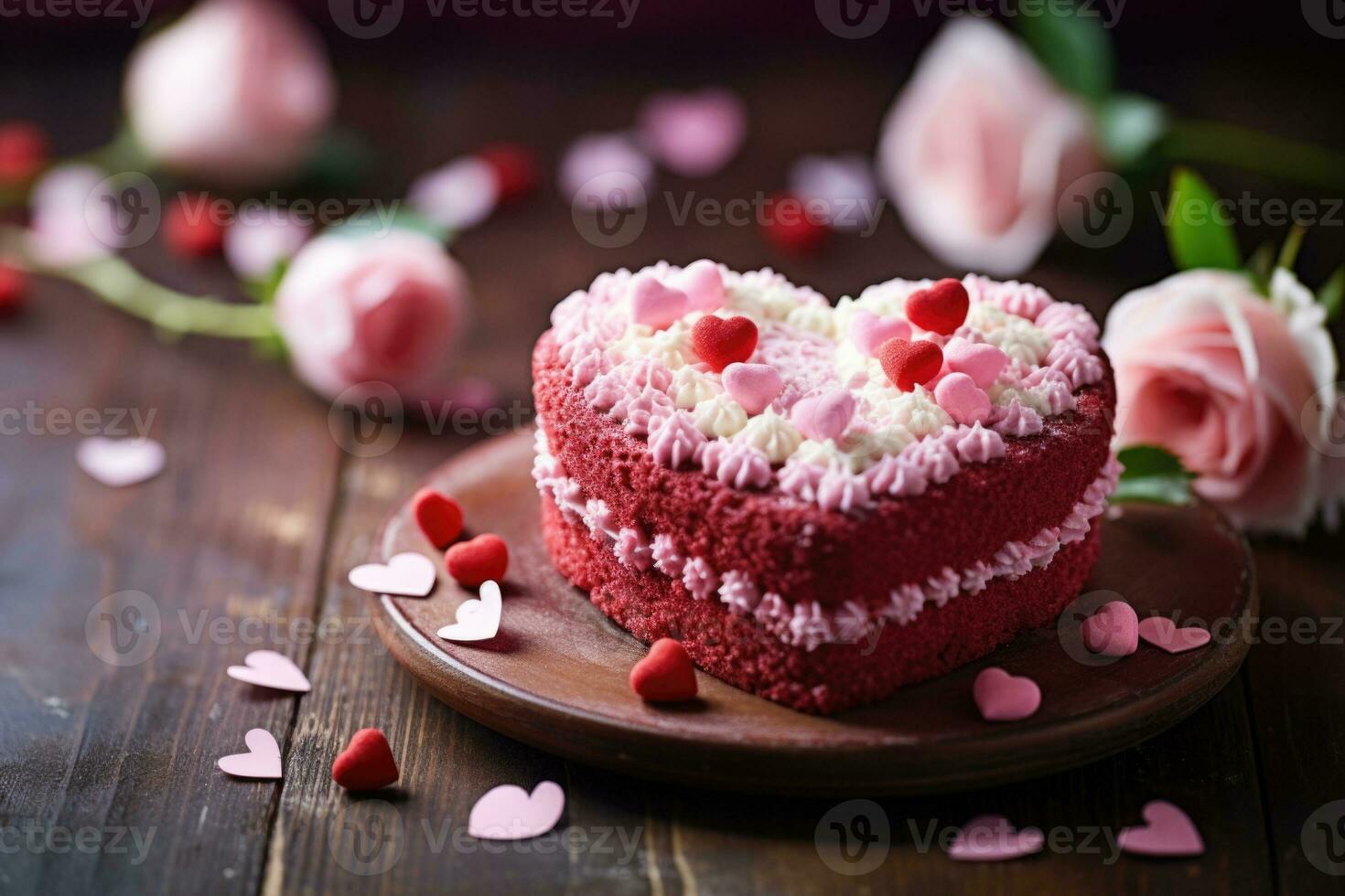 corazón conformado pastel, flor decoración en un de madera mesa. dulce pasteles, pasteles celebrando San Valentín día, de la madre día, internacional De las mujeres día foto