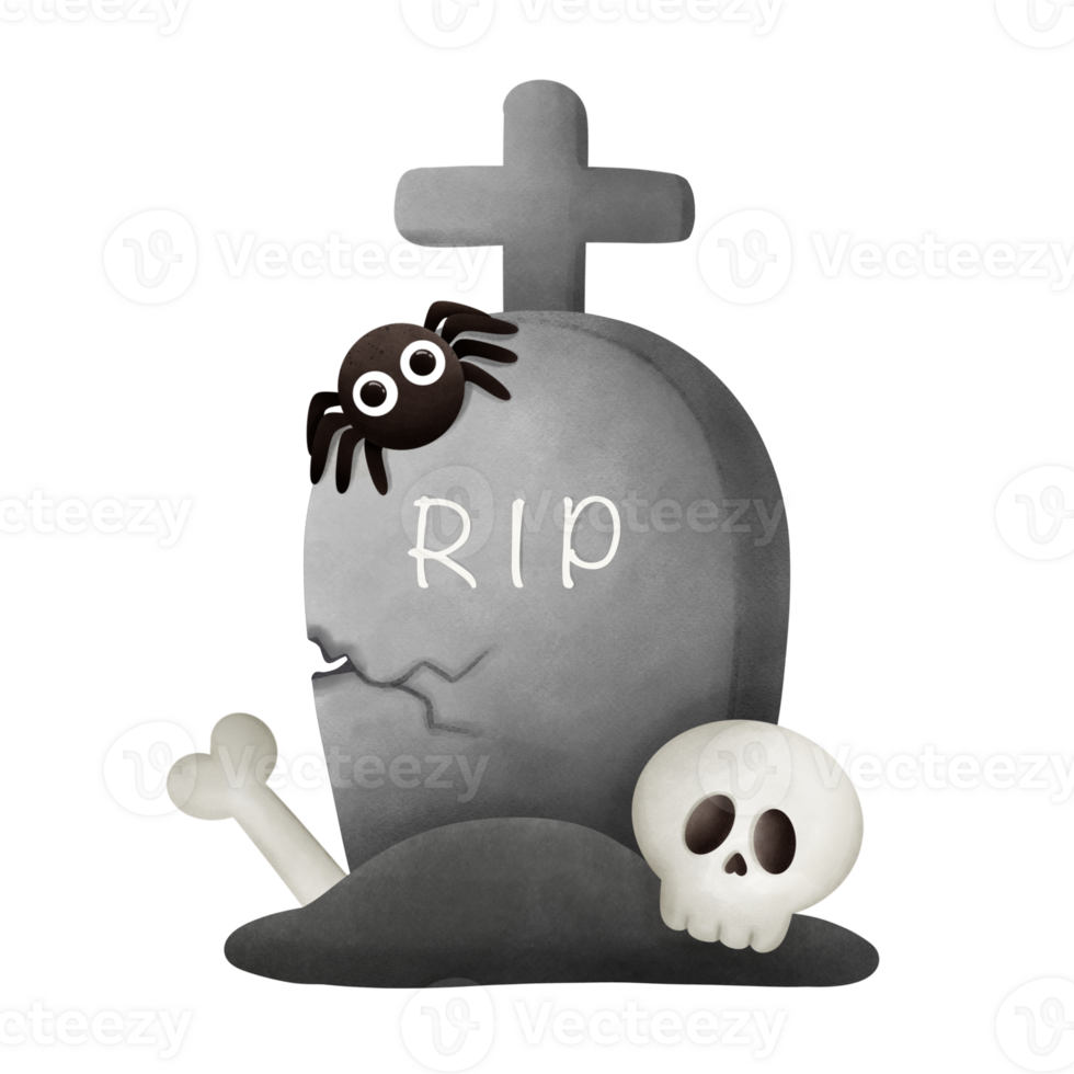 Halloween grave decorated with skull, bone, and spider png