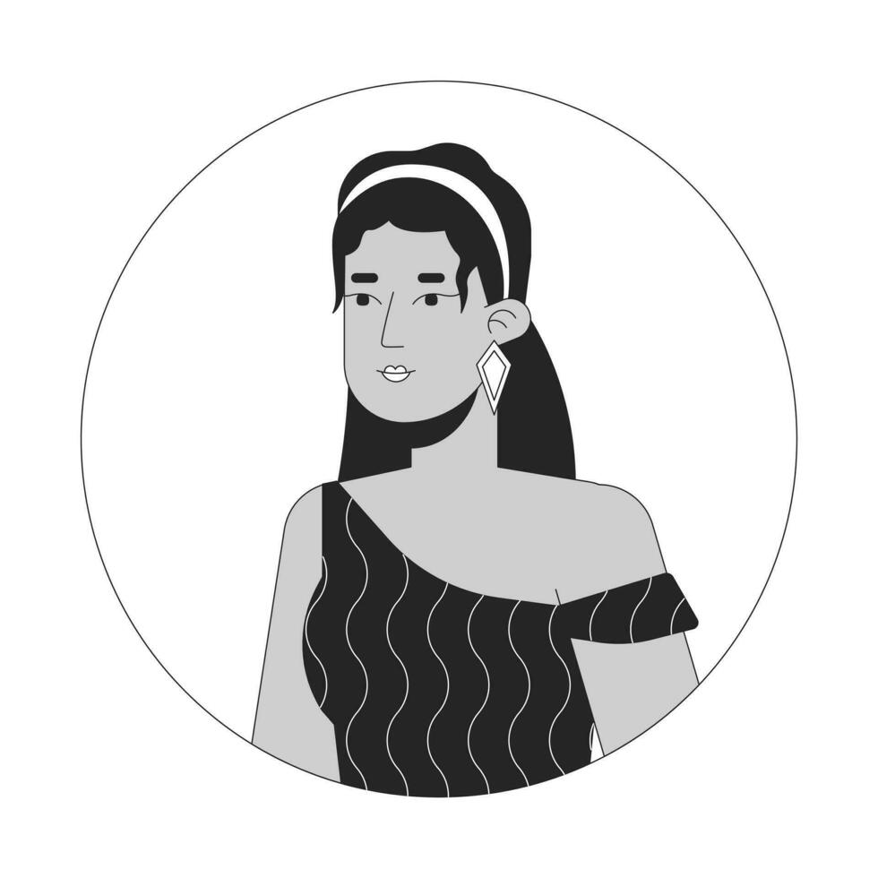 Handsome hispanic lady in 70s inspired clothes black and white 2D vector avatar illustration. Stylish latina woman posing outline cartoon character face isolated. Relaxed flat user profile image