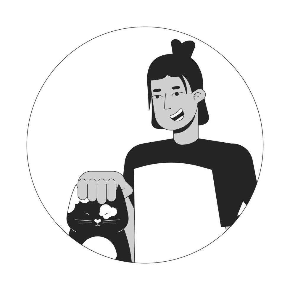 Latino teenager cat head scratching black and white 2D vector avatar illustration. Animal shelter volunteer young outline cartoon character face isolated. Kitten being petted flat user profile image