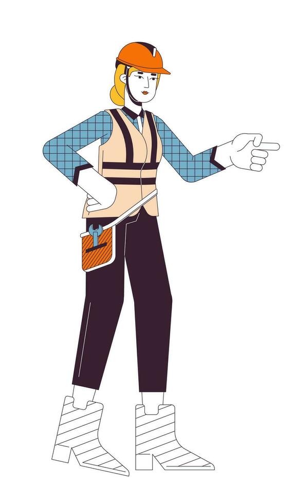 Hardhat supervisor woman caucasian 2D linear cartoon character. Architect female isolated line vector person white background. Engineer build contractor. Work inspection color flat spot illustration