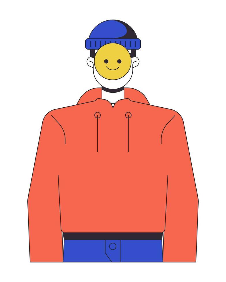 Identity thief emoji mask on face flat line color vector character. Stealing personality. Editable outline full body person on white. Cybercrime simple cartoon spot illustration for web graphic design