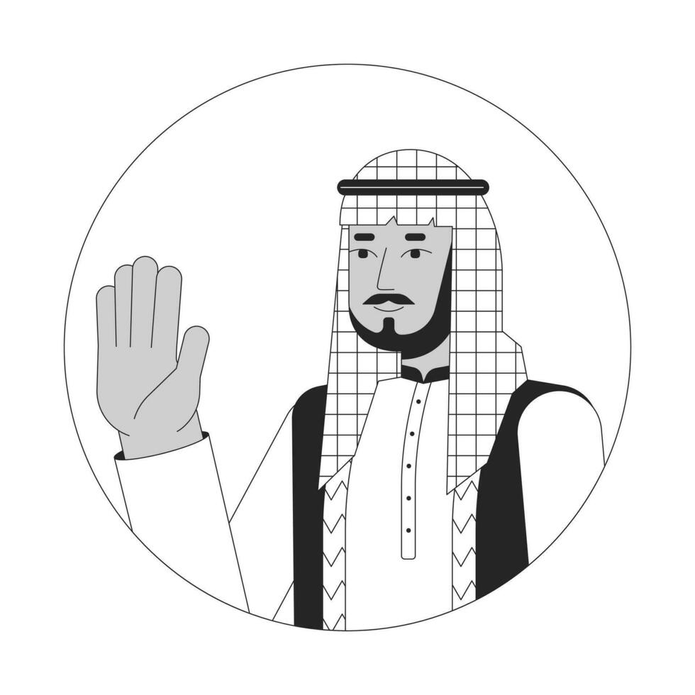 saudi árabe hombre ondulación contento negro y blanco 2d vector avatar ilustración. medio oriental vistiendo a cuadros sombrerería contorno dibujos animados personaje cara aislado. diciendo Hola plano usuario perfil imagen