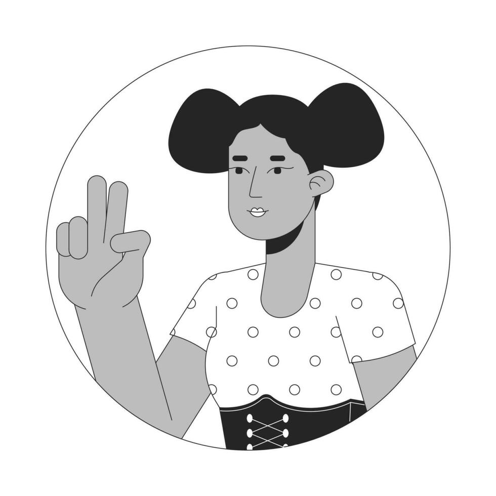 African american peace sign girl black and white 2D vector avatar illustration. Gesturing two fingers up outline cartoon character face isolated. Position on selfie taking flat user profile image