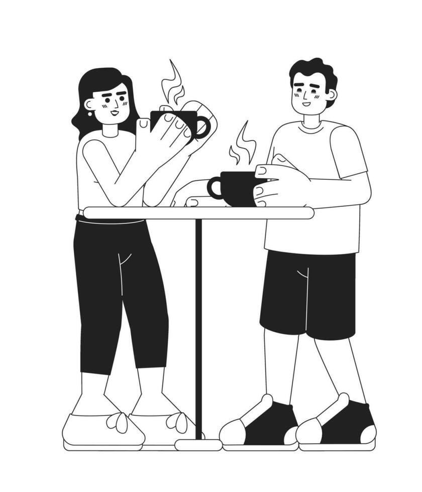 Coffee outing monochromatic flat vector characters. Friends in cafe. Drinking hot drinks. Editable thin line full body people on white. Simple bw cartoon spot image for web graphic design