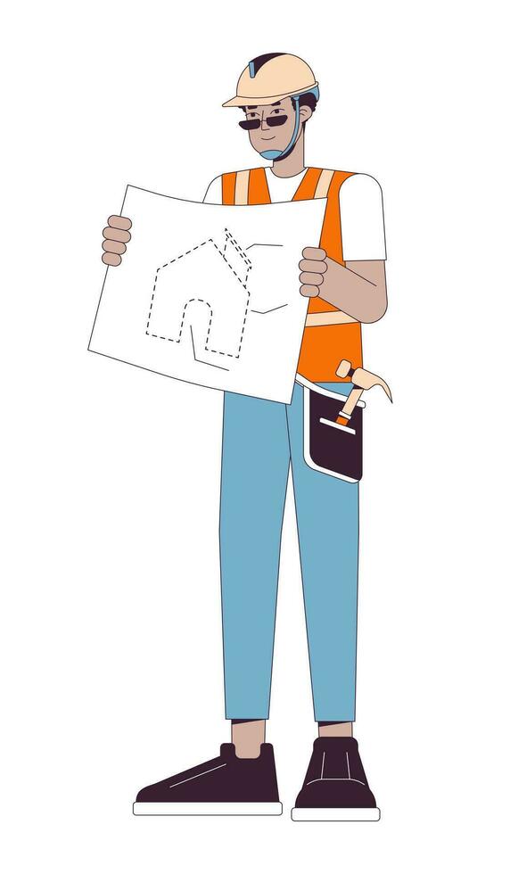 Home builder holding blueprint 2D linear cartoon character. African american male construction worker isolated line vector person white background. Present schematic house color flat spot illustration