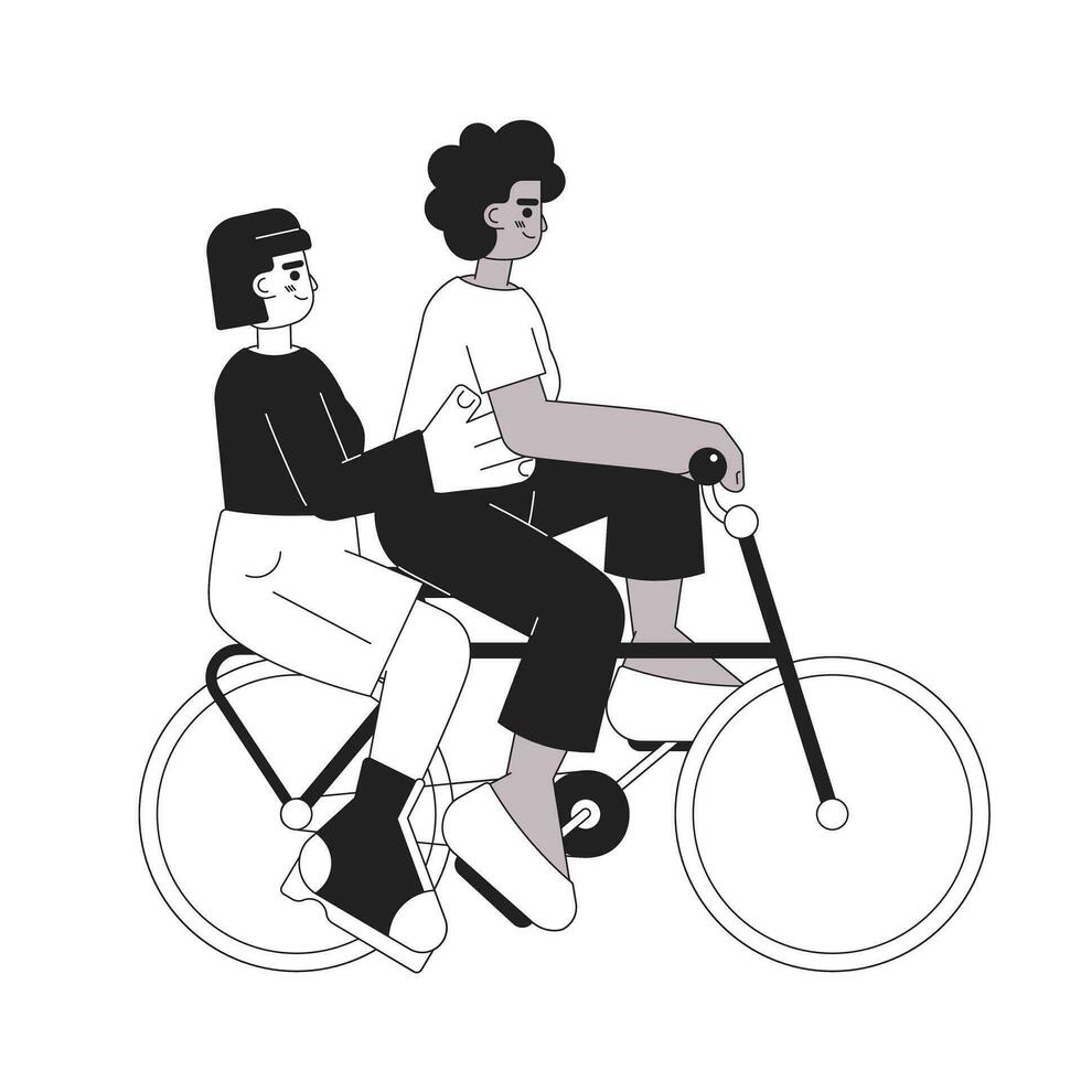 Girls riding on bicycle monochromatic flat vector characters. Entertainment. Friends activity. Editable thin line full body people on white. Simple bw cartoon spot image for web graphic design