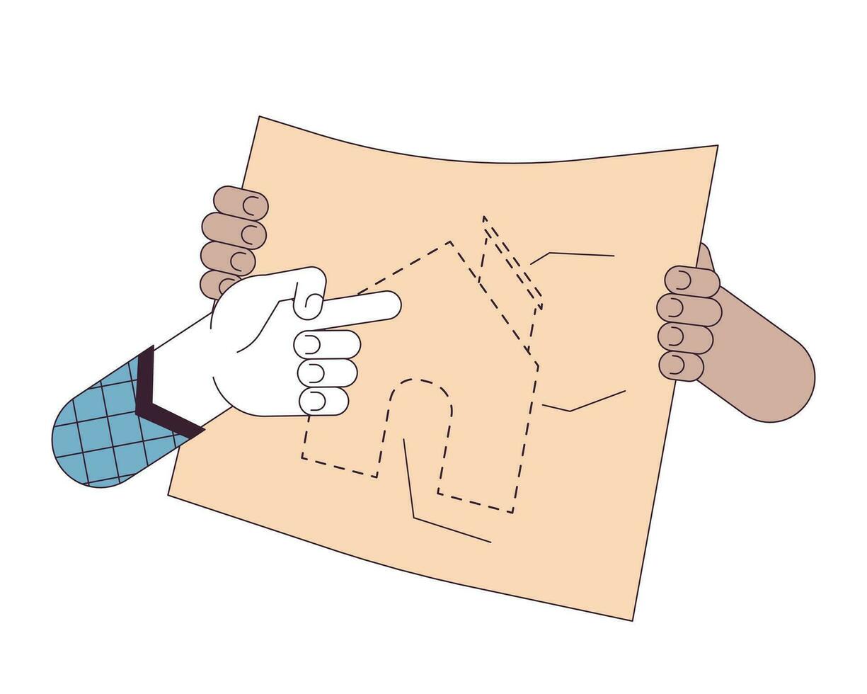 Suggesting changes to blueprint home linear cartoon character hands illustration. Brainstorming building project outline 2D vector image, white background. Improvement editable flat color clipart