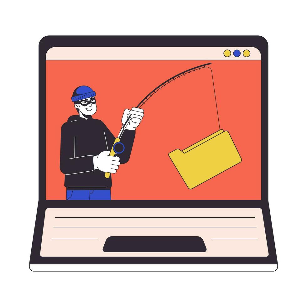 Thief hooking folder laptop screen flat line concept vector spot illustration. Phishing attack. Crime 2D cartoon outline object on white for web UI design. Editable isolated color hero image