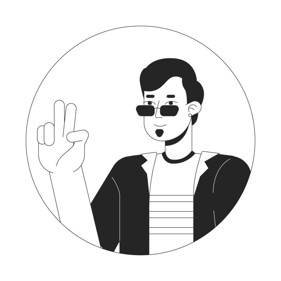Cool sunglasses man peace sign hand black and white 2D vector avatar illustration. Caucasian guy taking selfie outline cartoon character face isolated. Body language. Mood fun flat user profile image