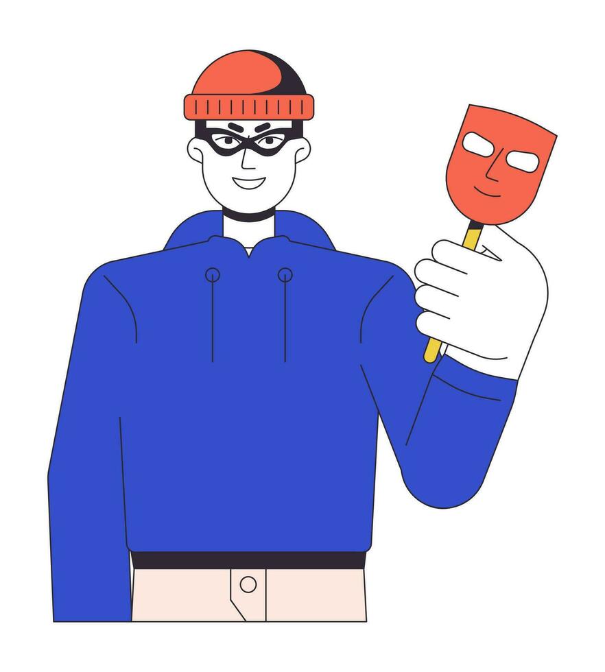 Man stealing personal information flat line color vector character. Theft fake identity. Editable outline half body person on white. Cybercrime simple cartoon spot illustration for web graphic design