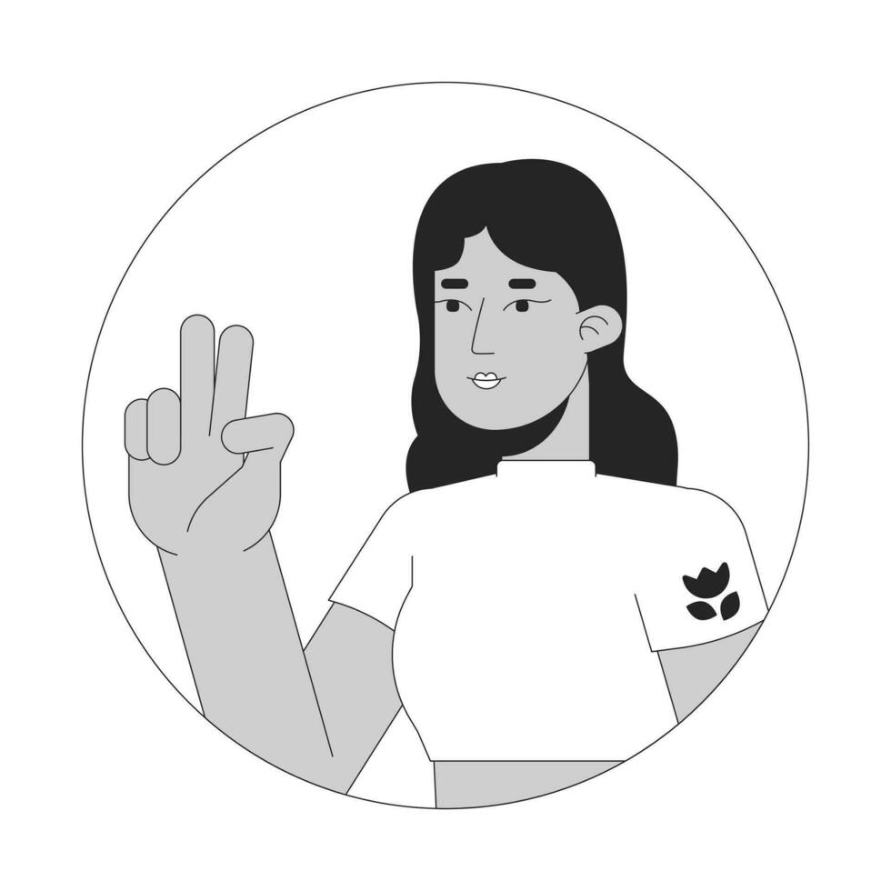Latina young adult with two fingers up black and white 2D vector avatar illustration. Hispanic lady selfie taking outline cartoon character face isolated. Nonverbal gesture flat user profile image