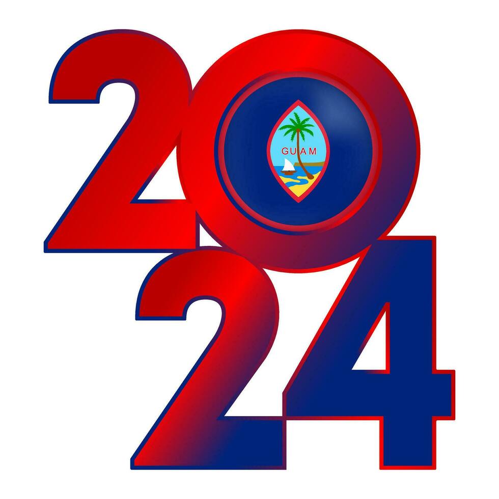 Happy New Year 2024 banner with Guam flag inside. Vector illustration.