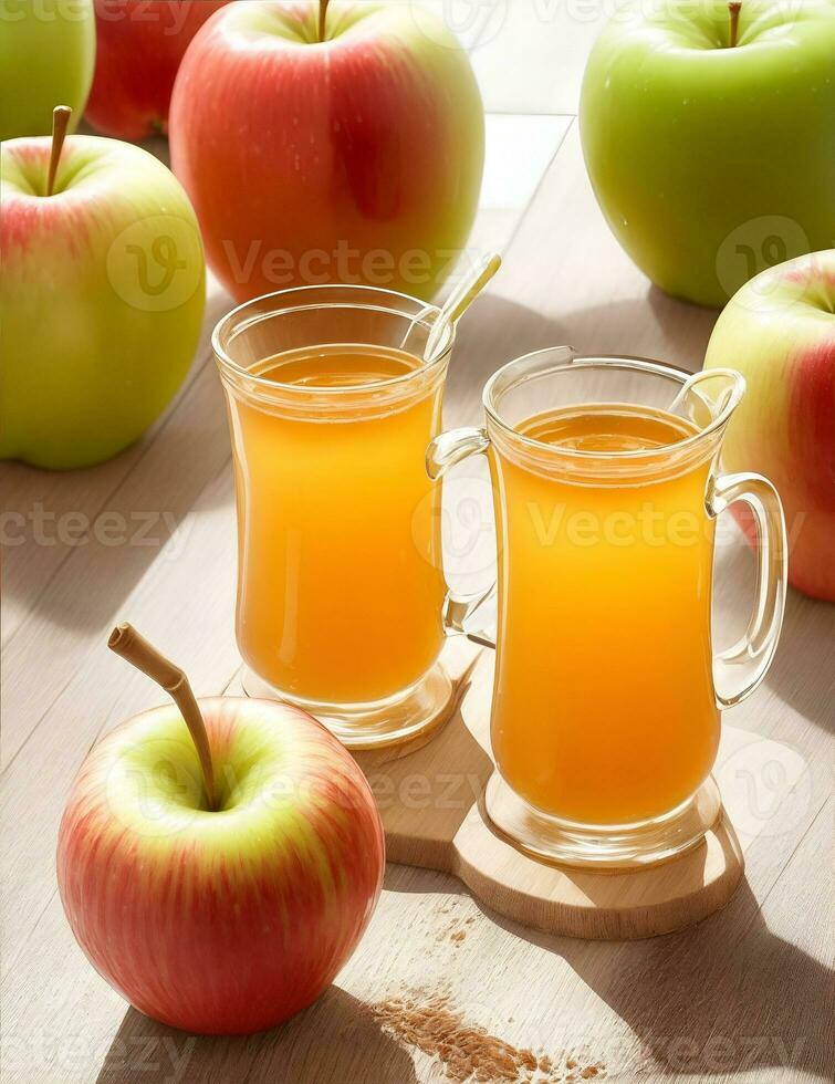 Apple juice and fresh apples on wooden background. Selective focus. ai generated photo