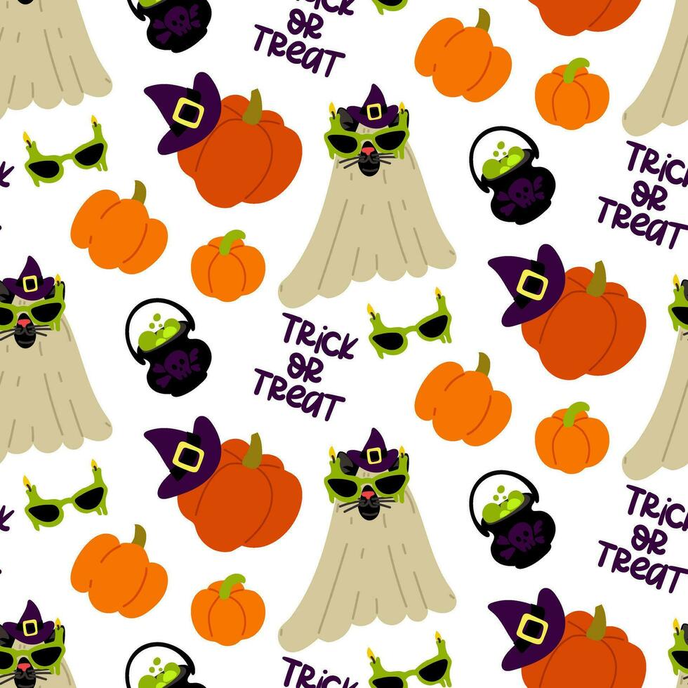 Pattern of a cat in a sheet for Halloween with elements of a witch on a white background. Witch's hat and a cauldron of potion, glasses with burning candles. Flat vector illustration. Trick or treat