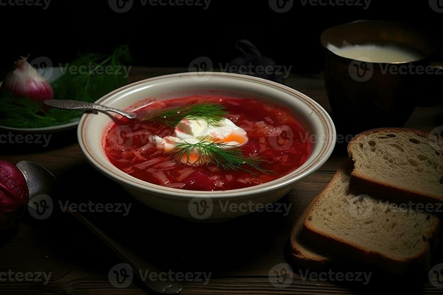 Red borscht with sour cream. AI Generated photo