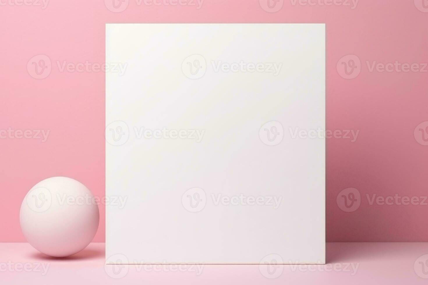 A mock-up of a white postcard stands on a pink table. AI-Generated photo