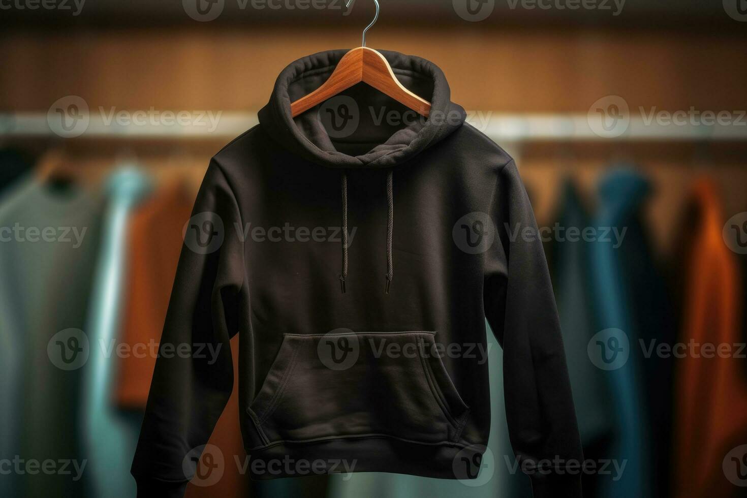 A black sweatshirt with a hood and a pocket hangs on a hanger in the dressing room. AI generated photo