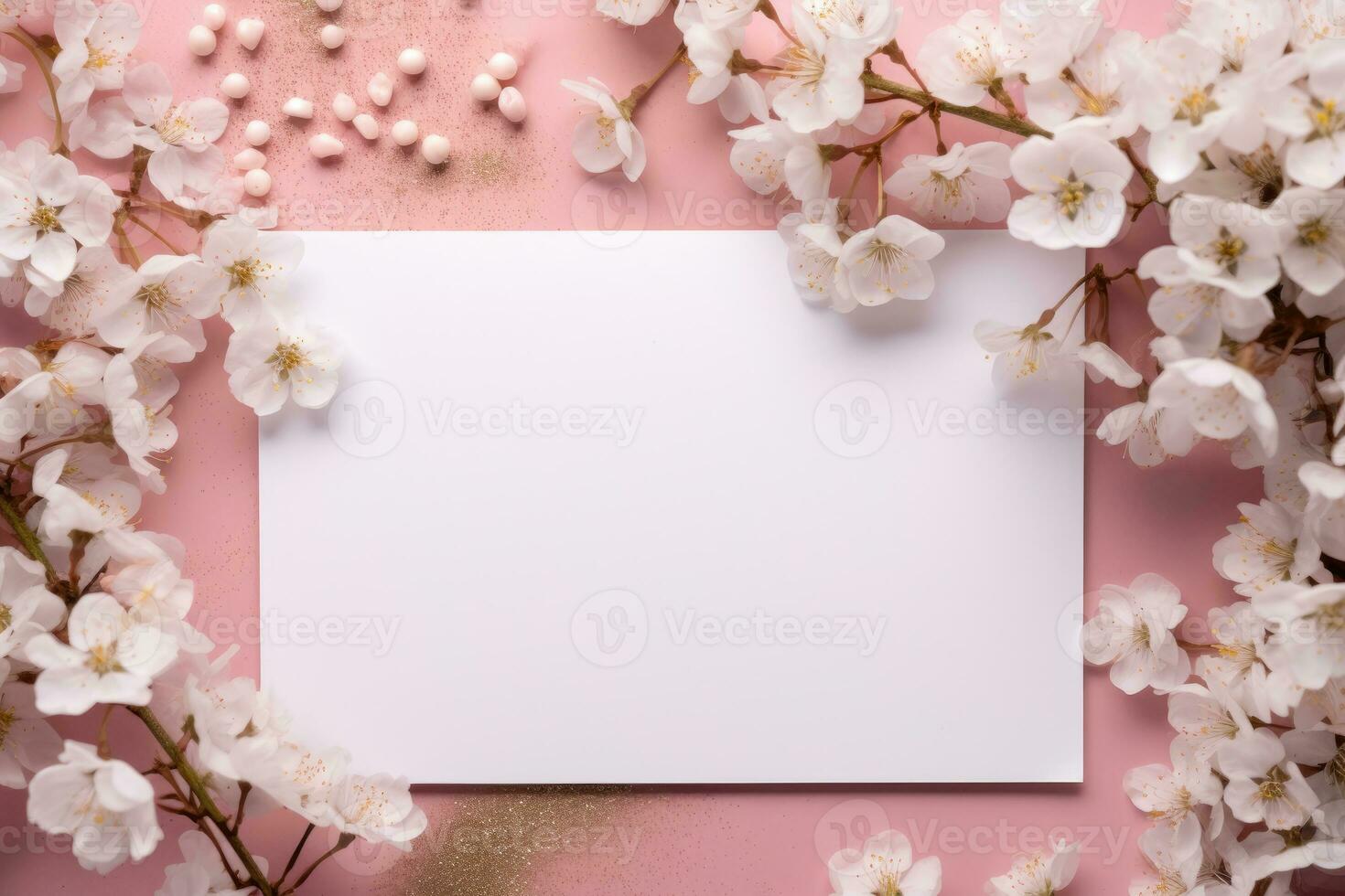 A white postcard with a flower branch lies on a pink background, a place for text. AI generated photo