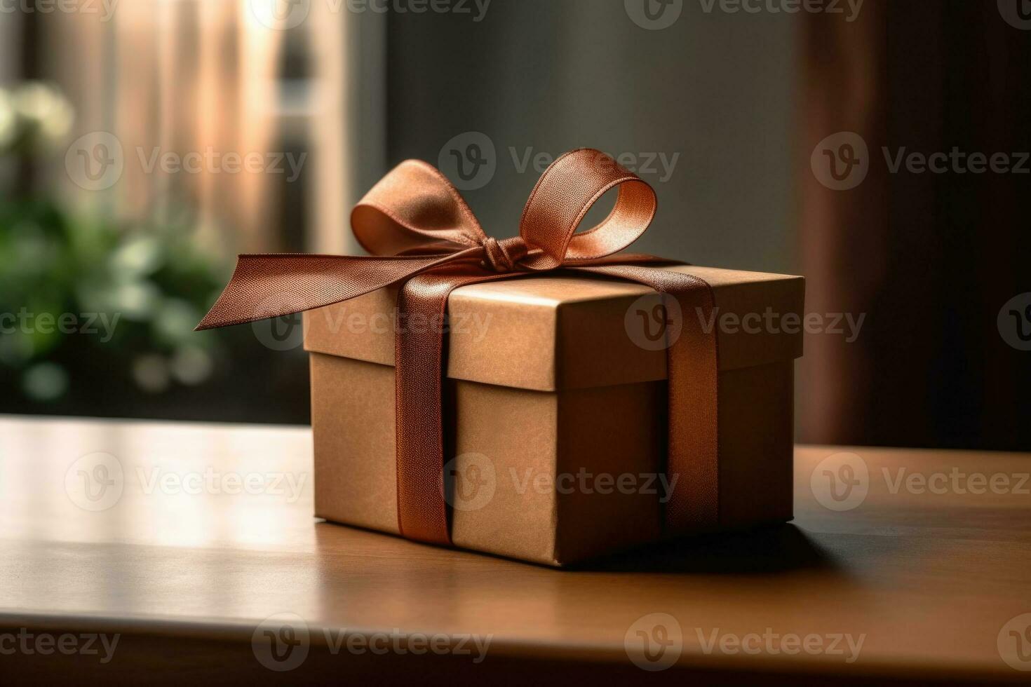 Brown square box with ribbon and bow. AI generated photo