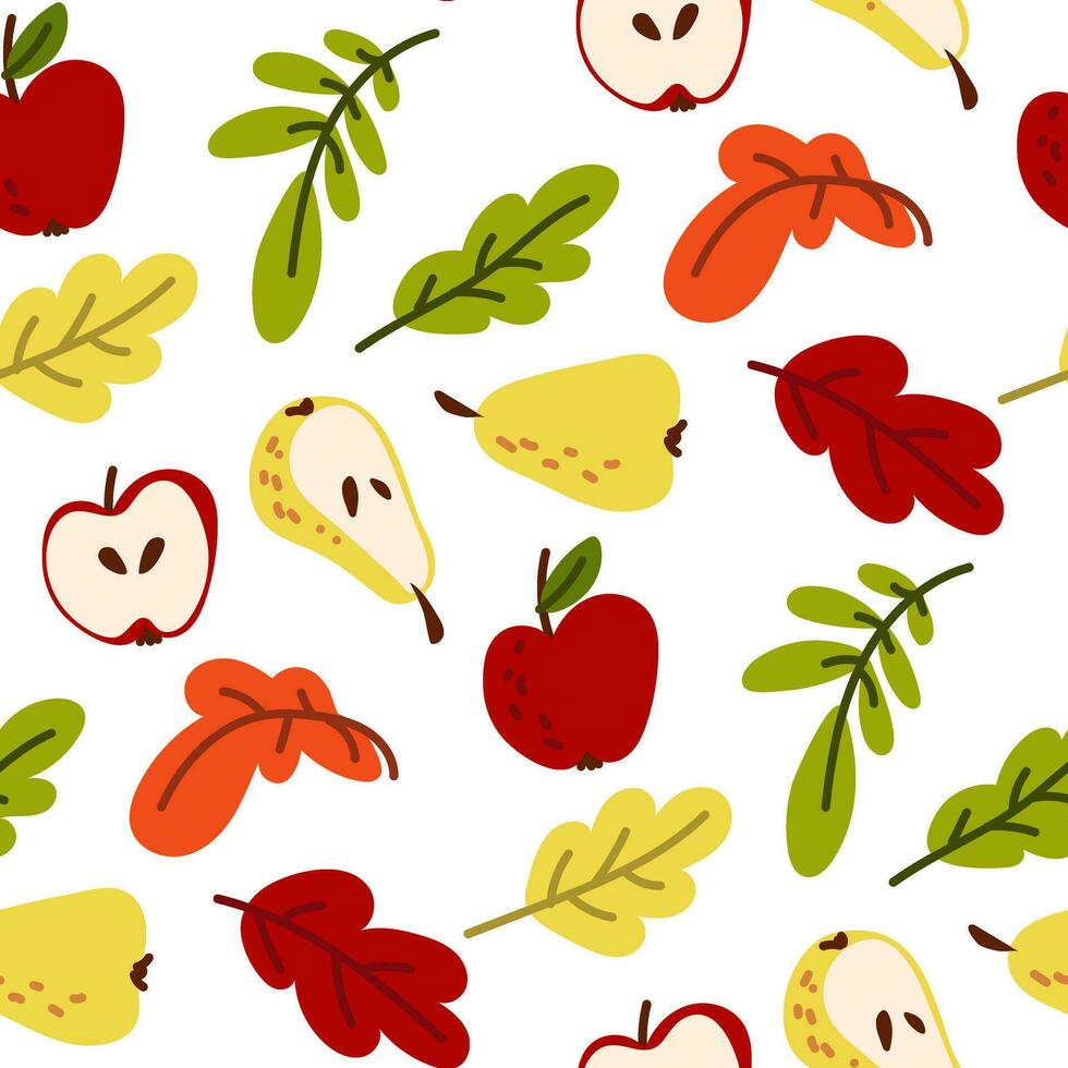 Drawing of autumn harvest and leaves. Apples, pears in whole and in section on a white background. Vector flat bright texture with fruits and foliage. Cute cartoon illustration for printing. Packaging