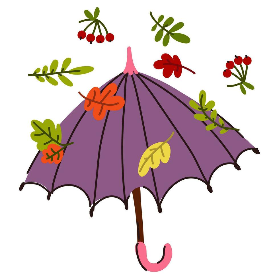 Autumn purple umbrella with falling autumn leaves and berries on it. Foliage is showered on an umbrella, white background. Vector flat illustration of autumn weather. Sticker, postcard, sublimation