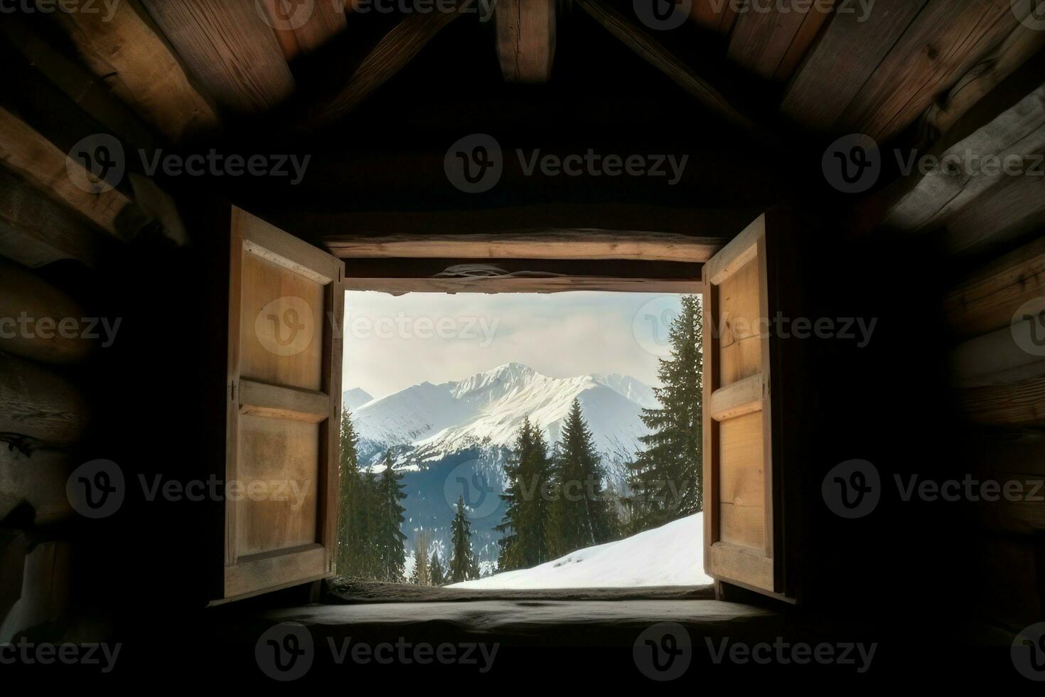 Scenery view from inside hut. Generate ai photo
