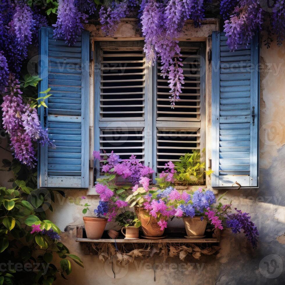 Vibrant Window with blue shutters. Generate AI photo