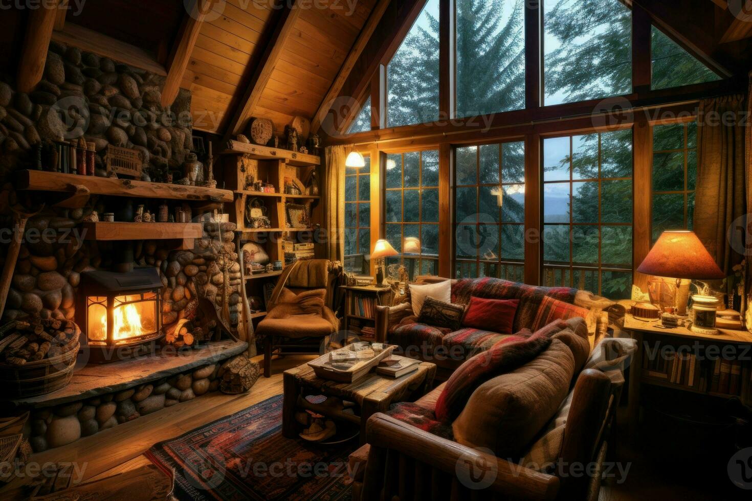 Premium AI Image  This log cabin living room is the epitome of cozy  relaxation with its woodsy decor warm fireplace Generated by AI