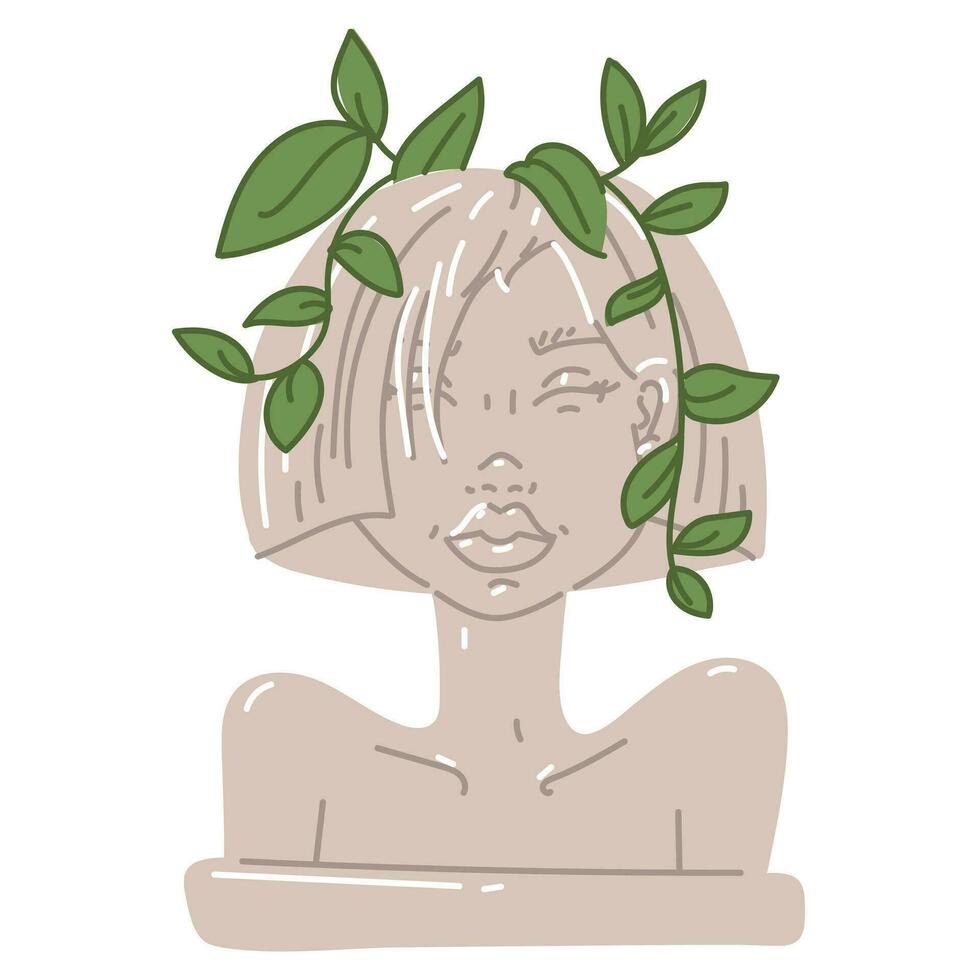 flor maceta con un hembra retrato de un antiguo griego escultura en un moderno estilo moderno hembra escultura, retrato con un planta en su cabeza. vector ilustración, interior plantas, destacado en un blanco